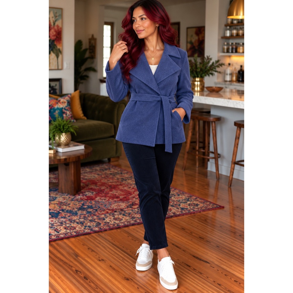 Old Navy Womens Blue Wool Blend Belted Wrap Coat M Coastal Preppy Dark Academia